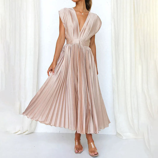 Vestido Mujer Plisado Gasa Escote en V Espalda Descubierta - Mavetta