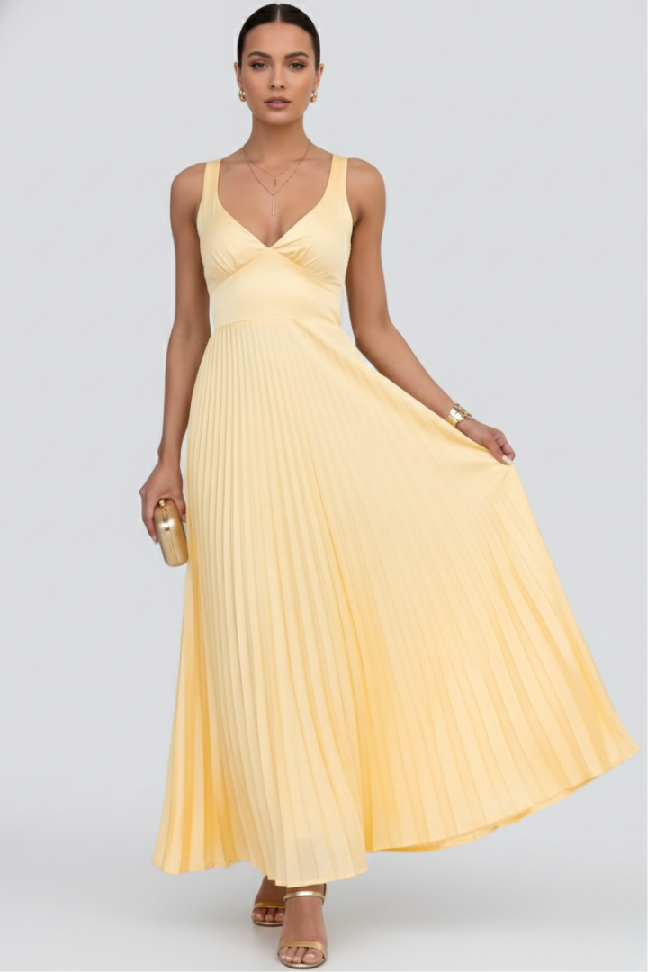 Vestido maxi mujer Escote en V Falda Plisada