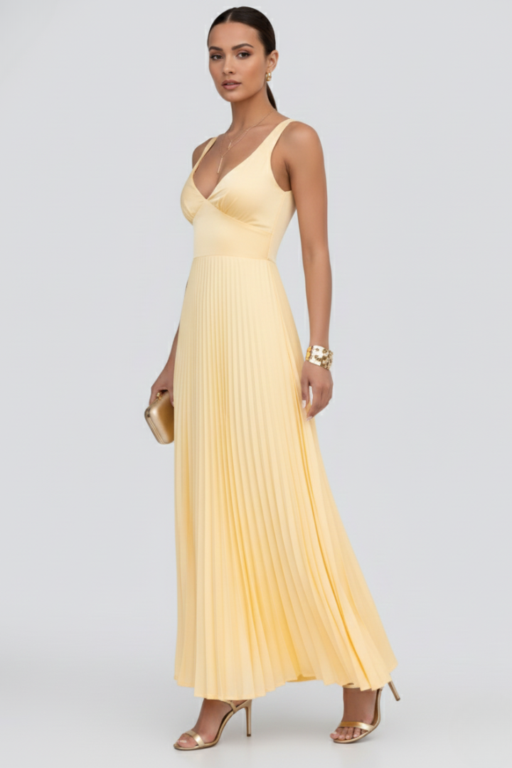 Vestido maxi mujer Escote en V Falda Plisada