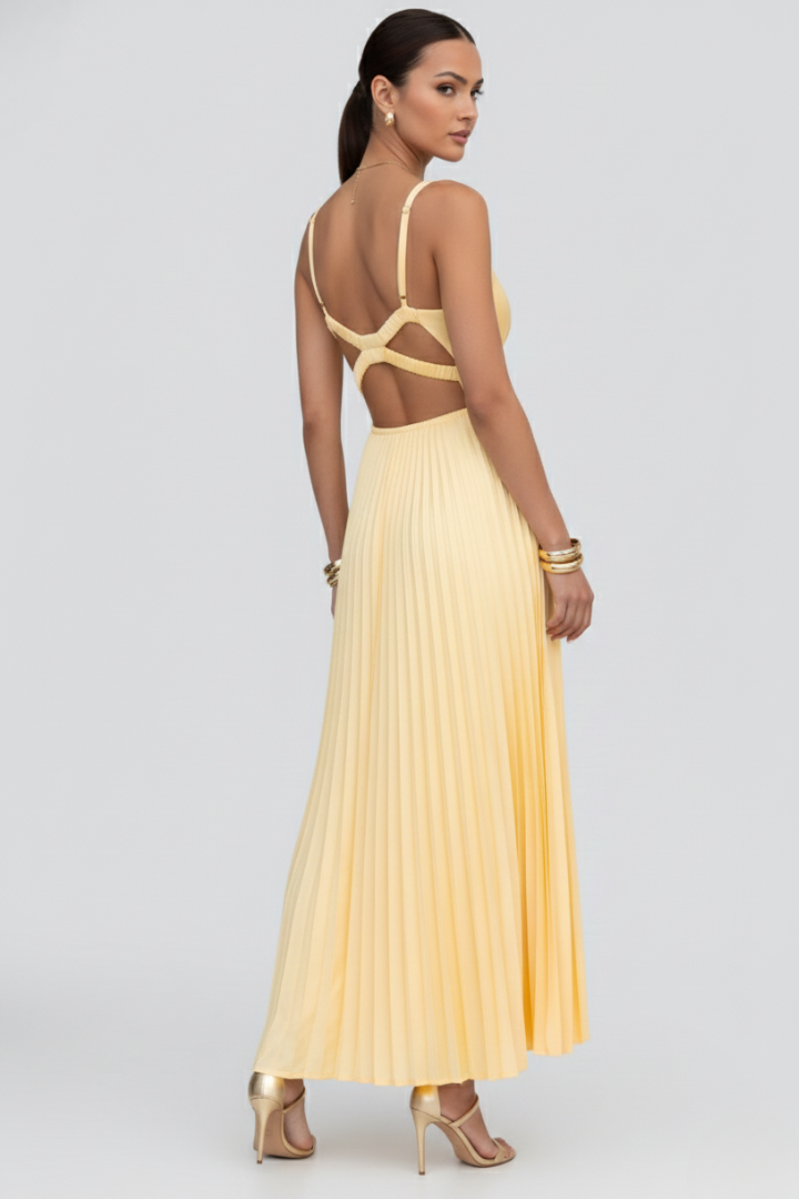 Vestido maxi mujer Escote en V Falda Plisada