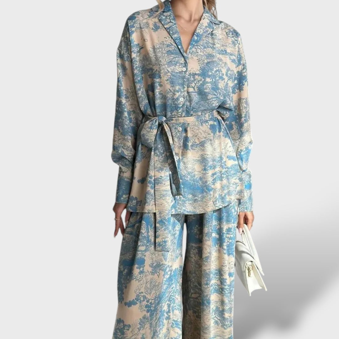 Conjunto Mujer Estampado Corbata Pantalón Pierna Ancha