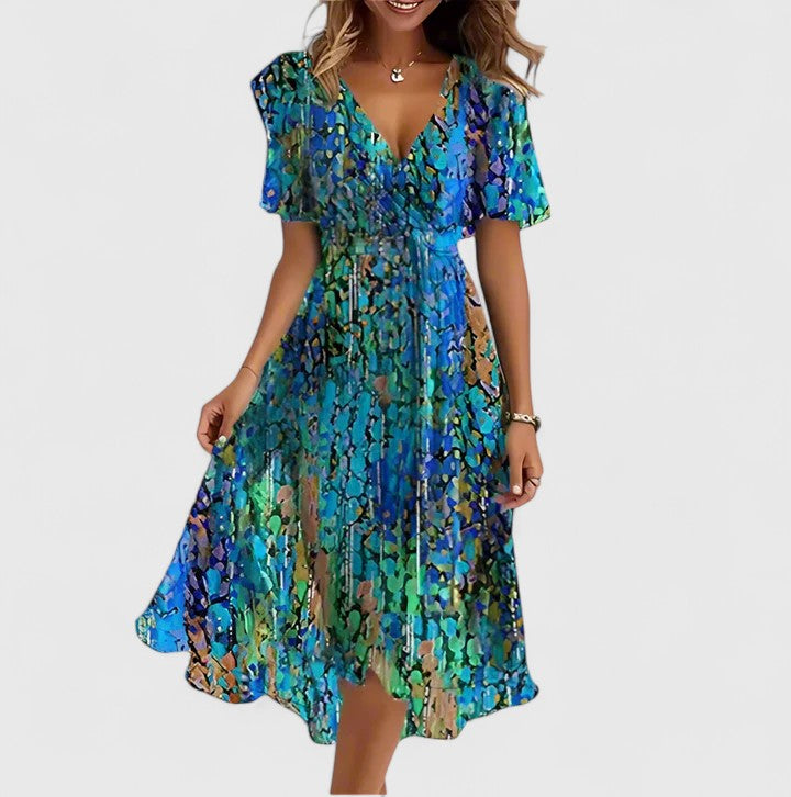 Vestido midi mujer con escote en V manga corta y falda fluida