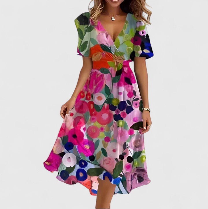 Vestido midi mujer con escote en V manga corta y falda fluida