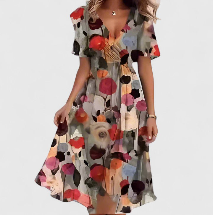 Vestido midi mujer con escote en V manga corta y falda fluida