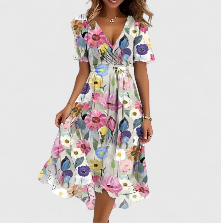 Vestido midi mujer con escote en V manga corta y falda fluida