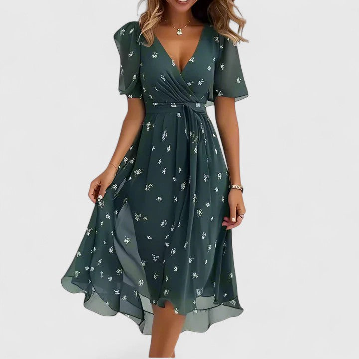 Vestido midi mujer con escote en V manga corta y falda fluida