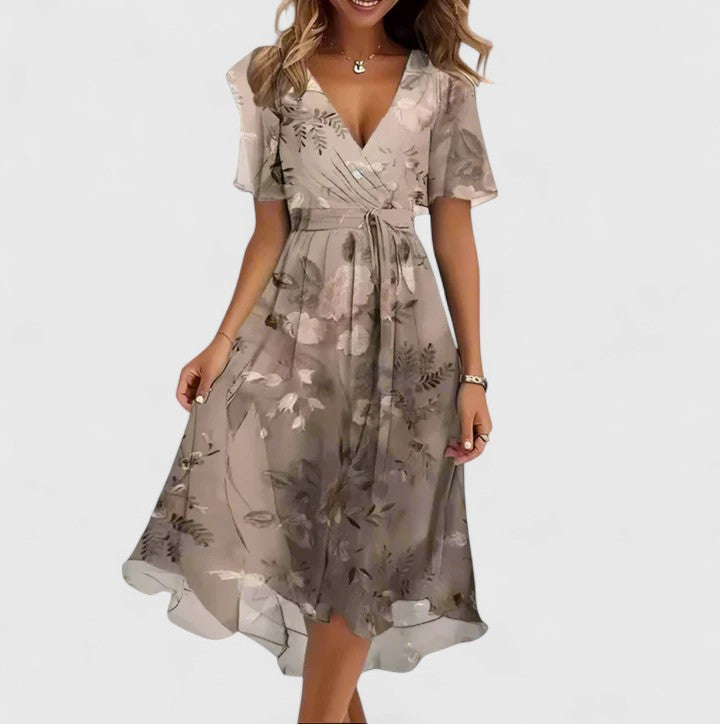 Vestido midi mujer con escote en V manga corta y falda fluida