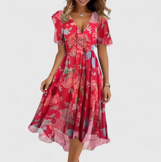 Vestido midi mujer con escote en V manga corta y falda fluida - Mavetta