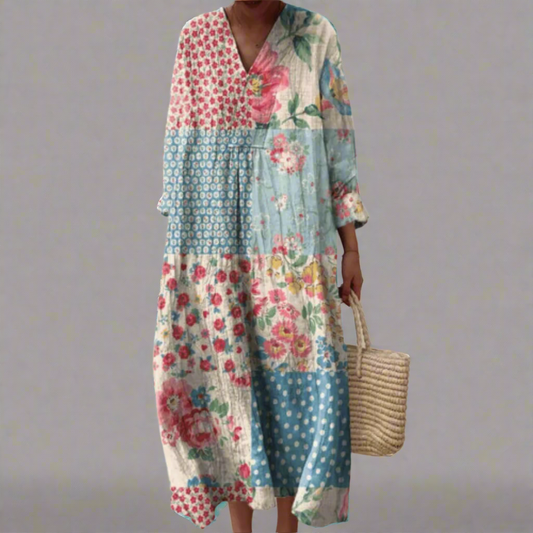 Vestido largo mujer con estampado geométrico estilo vintage elegante - Mavetta