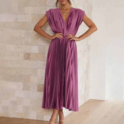 Vestido Mujer Plisado Gasa Escote en V Espalda Descubierta