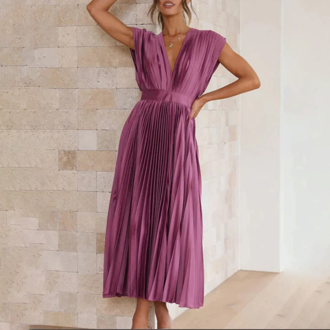 Vestido Mujer Plisado Gasa Escote en V Espalda Descubierta