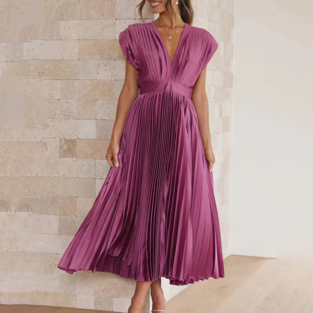 Vestido Mujer Plisado Gasa Escote en V Espalda Descubierta