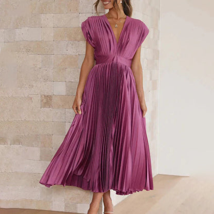 Vestido Mujer Plisado Gasa Escote en V Espalda Descubierta