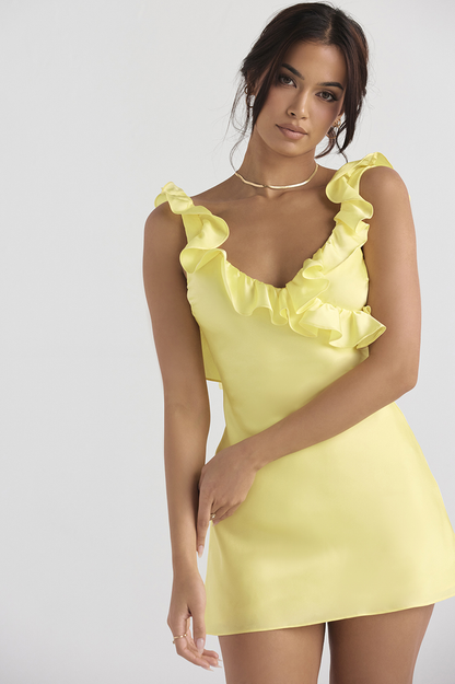 Vestido mini mujer de seda satinada con fruncido