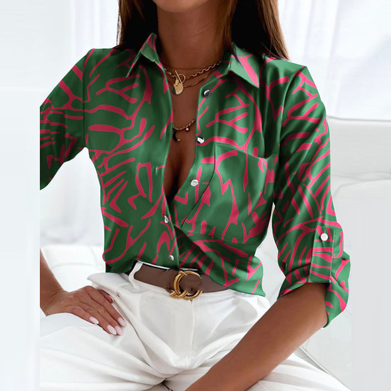 Blusa Mujer de Satén Cuello de Solapa Estampado Gráfico