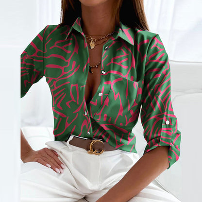 Blusa Mujer de Satén Cuello de Solapa Estampado Gráfico