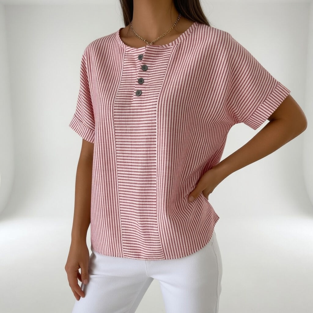 Blusa mujer de lino ligera manga corta ajustada - Mavetta