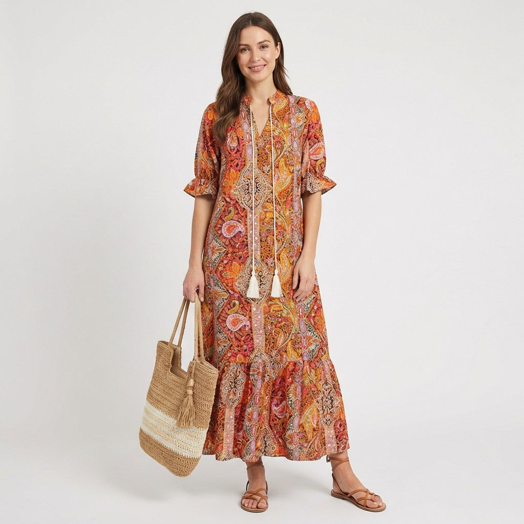Vestido Largo Mujer Estampado Paisley con Borlas Boho