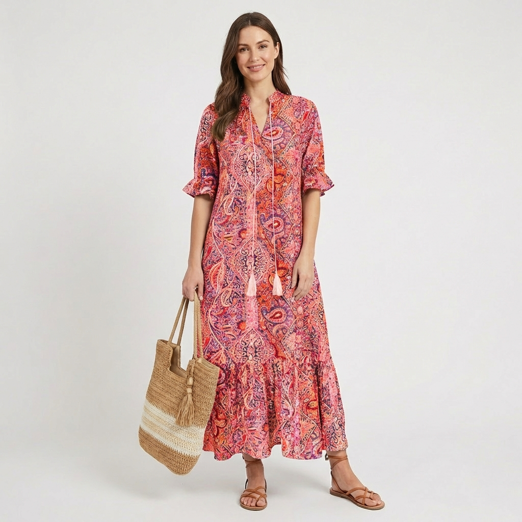 Vestido Largo Mujer Estampado Paisley con Borlas Boho