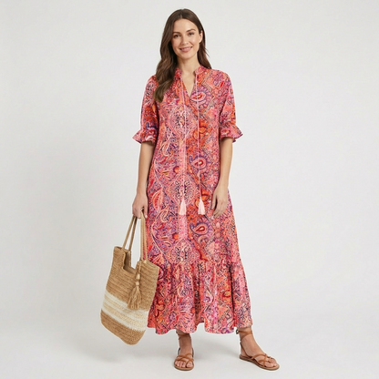 Vestido Largo Mujer Estampado Paisley con Borlas Boho