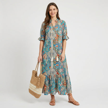 Vestido Largo Mujer Estampado Paisley con Borlas Boho - Mavetta