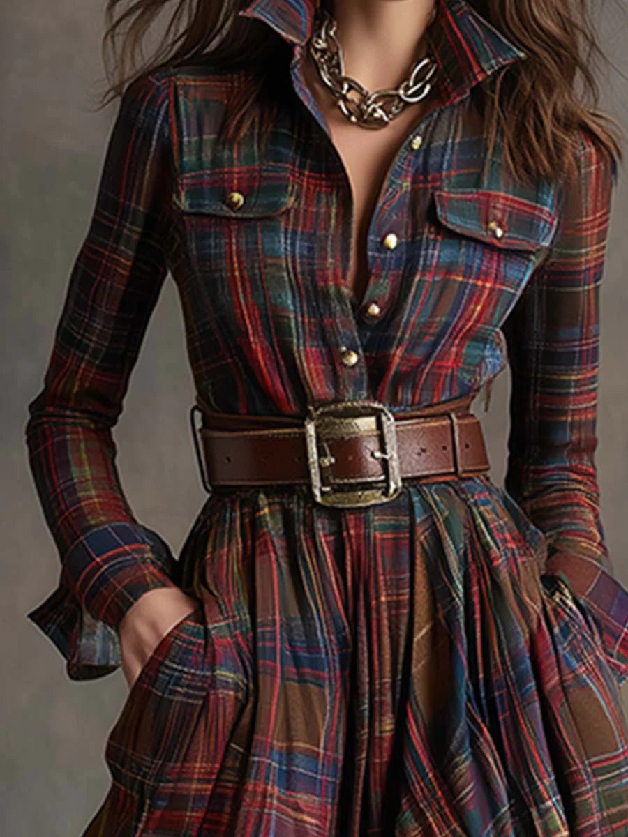 Vestido Largo Mujer de Cuadros con Cinturón Estilo Vintage