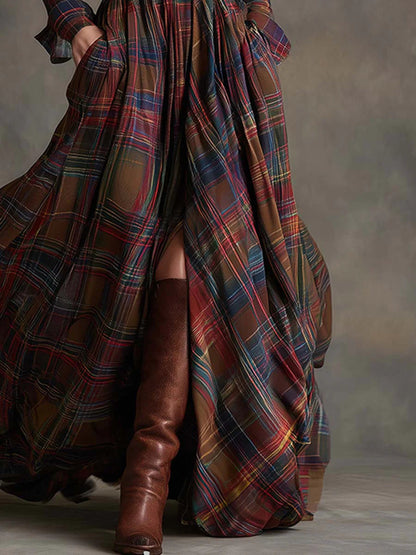 Vestido Largo Mujer de Cuadros con Cinturón Estilo Vintage