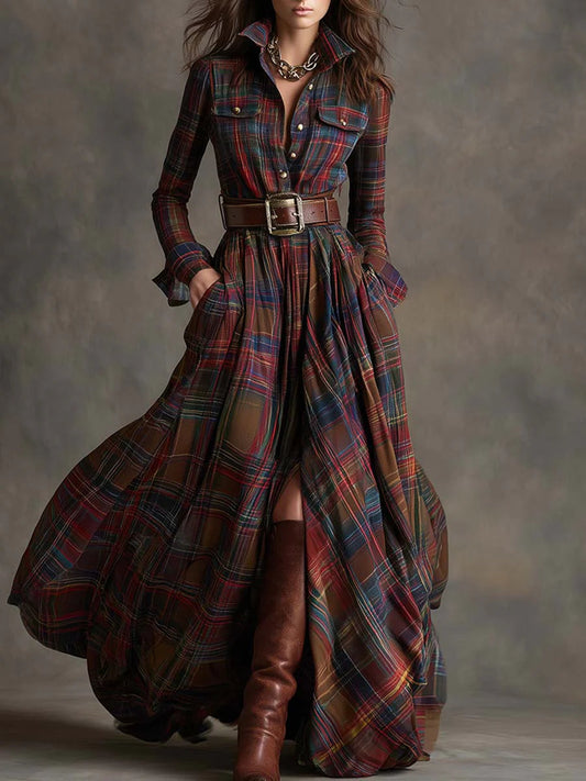 Vestido Largo Mujer de Cuadros con Cinturón Estilo Vintage - Mavetta