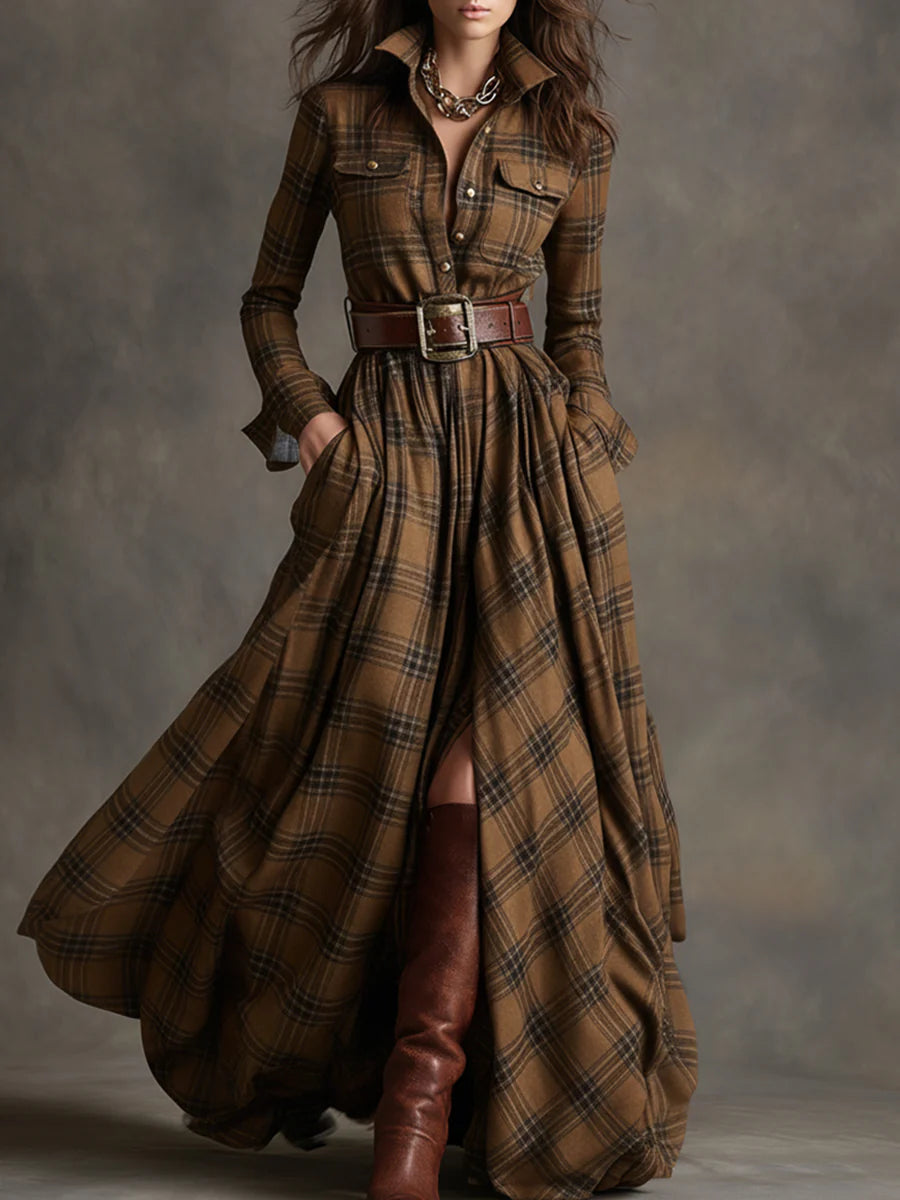 Vestido Largo Mujer de Cuadros con Cinturón Estilo Vintage