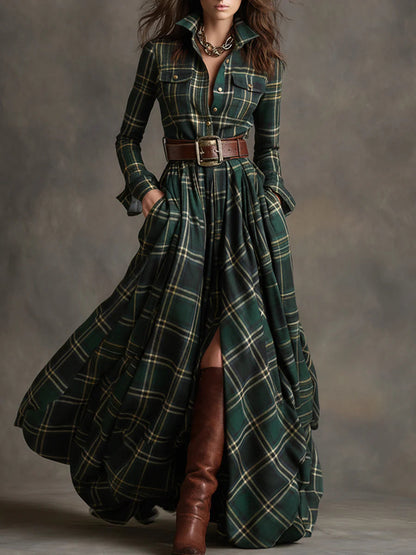 Vestido Largo Mujer de Cuadros con Cinturón Estilo Vintage