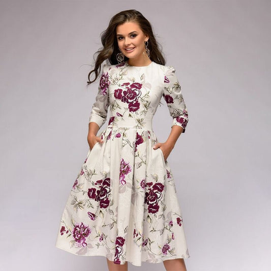 Vestido midi Mujer de Tela Estampada Cuello Redondo - Mavetta