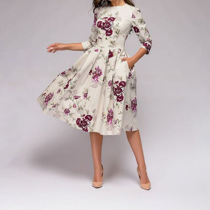 Vestido midi Mujer de Tela Estampada Cuello Redondo