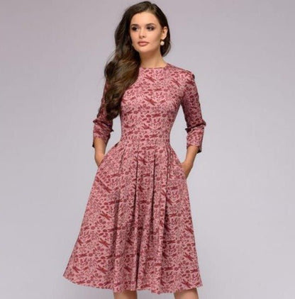 Vestido midi Mujer de Tela Estampada Cuello Redondo