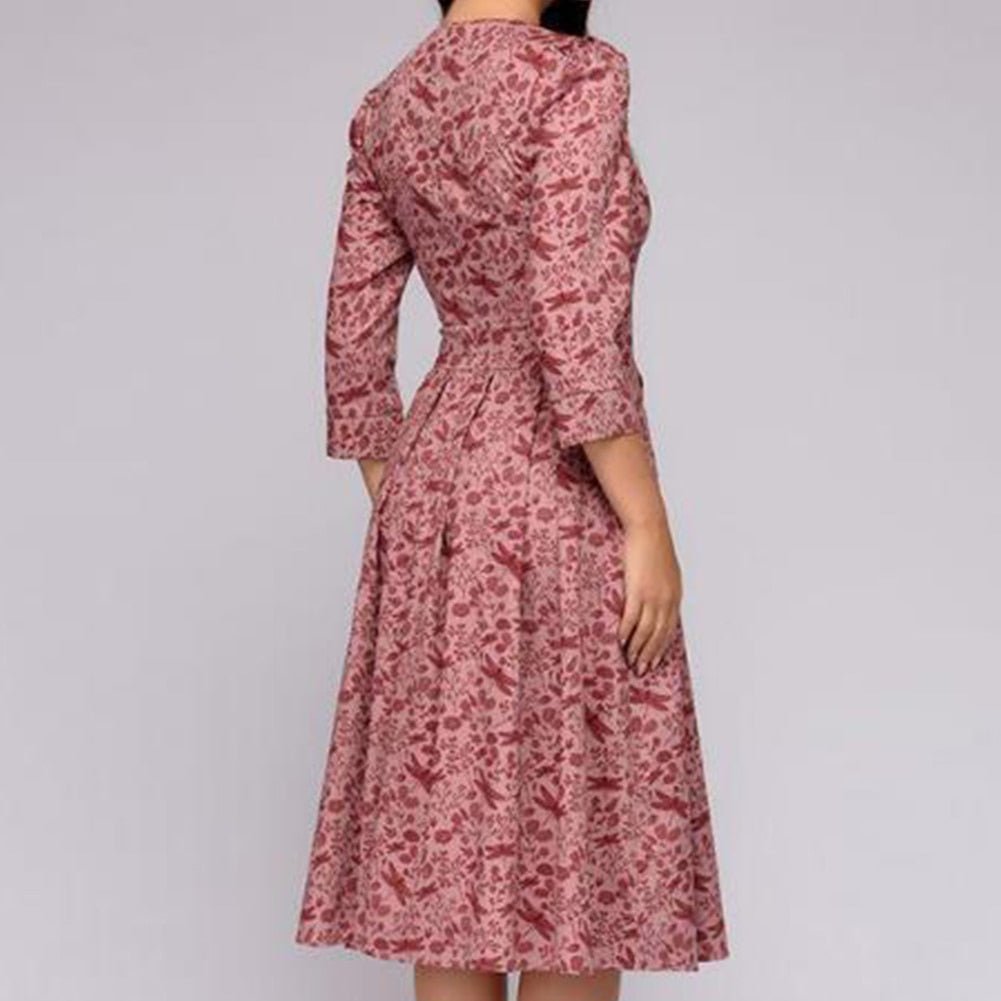 Vestido midi Mujer de Tela Estampada Cuello Redondo