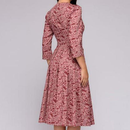 Vestido midi Mujer de Tela Estampada Cuello Redondo