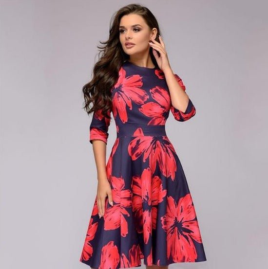 Vestido midi Mujer de Tela Estampada Cuello Redondo