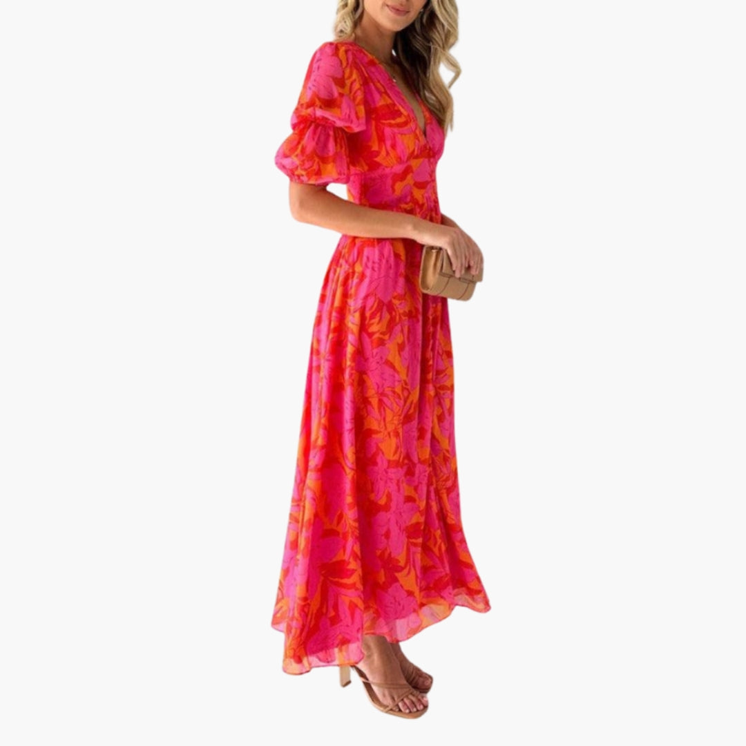 Vestido Maxi Mujer con Cuello en V y Mangas Abullonadas