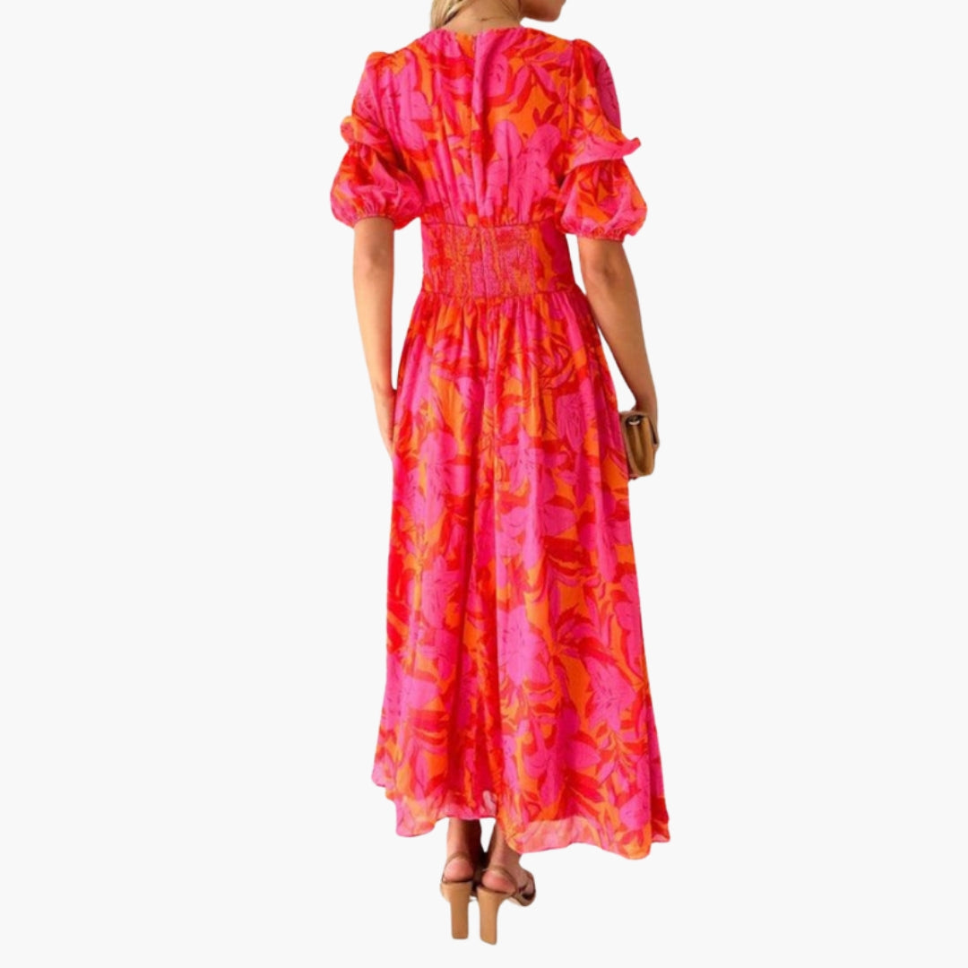 Vestido Maxi Mujer con Cuello en V y Mangas Abullonadas