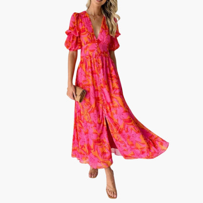 Vestido Maxi Mujer con Cuello en V y Mangas Abullonadas - Mavetta