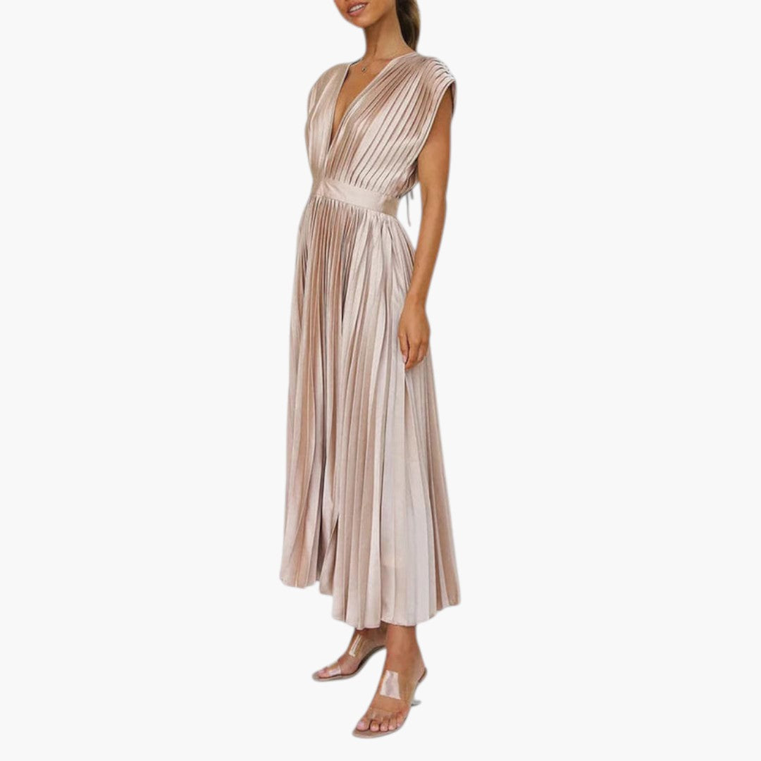 Vestido Midi Mujer Cuello en V Falda Plisada con Vuelo