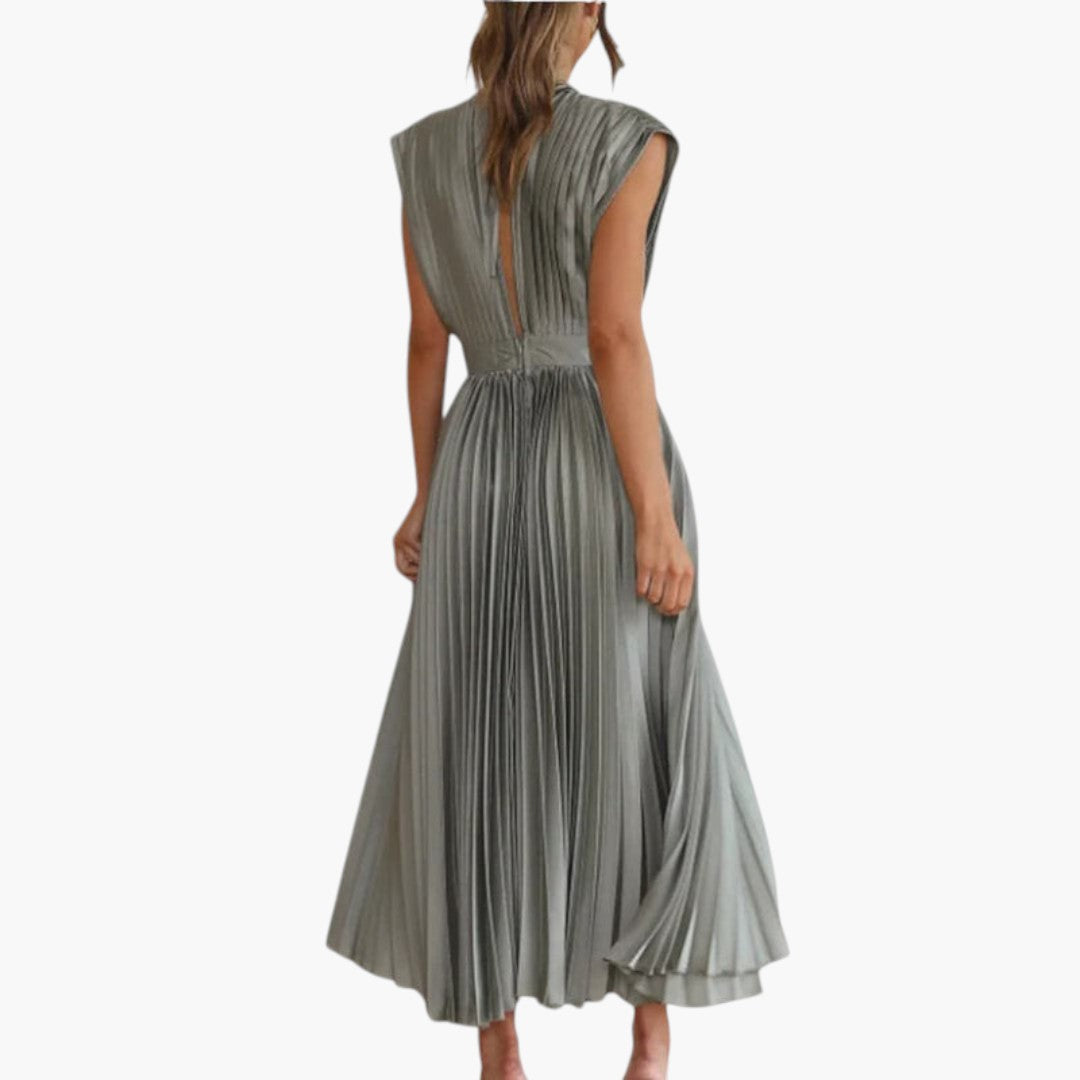 Vestido Midi Mujer Cuello en V Falda Plisada con Vuelo