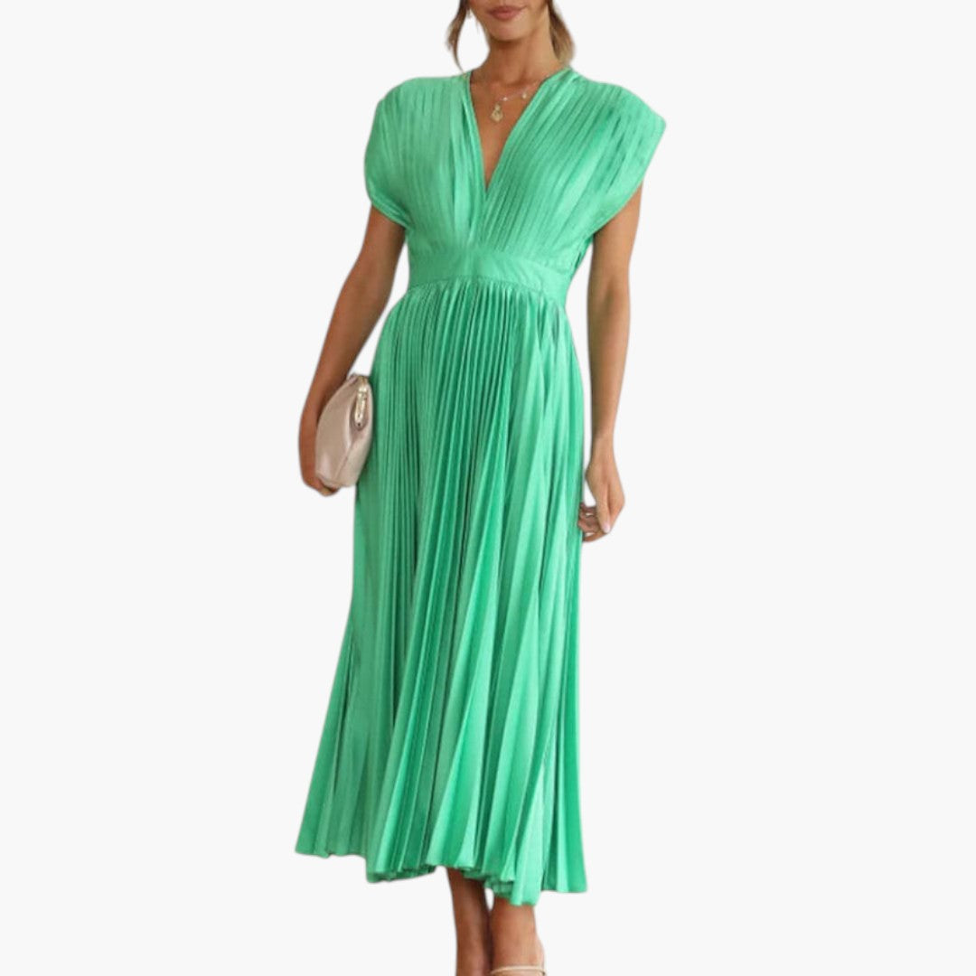 Vestido Midi Mujer Cuello en V Falda Plisada con Vuelo
