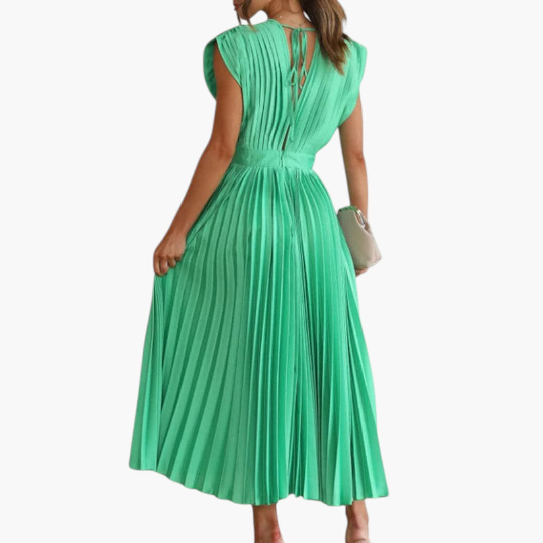 Vestido Midi Mujer Cuello en V Falda Plisada con Vuelo