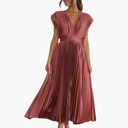 Vestido Midi Mujer Cuello en V Falda Plisada con Vuelo