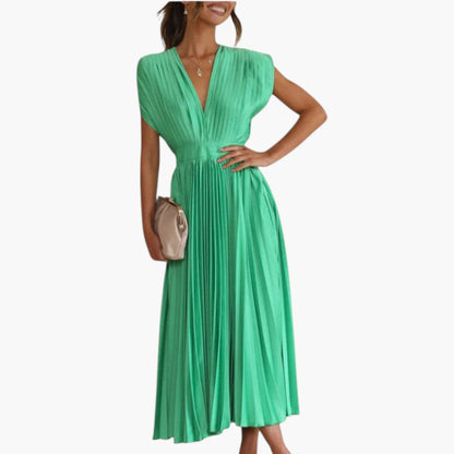 Vestido Midi Mujer Cuello en V Falda Plisada con Vuelo