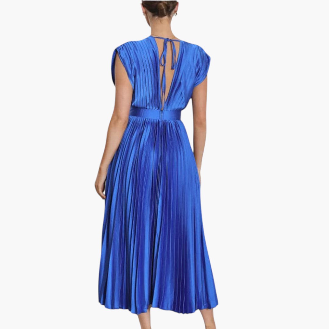 Vestido Midi Mujer Cuello en V Falda Plisada con Vuelo