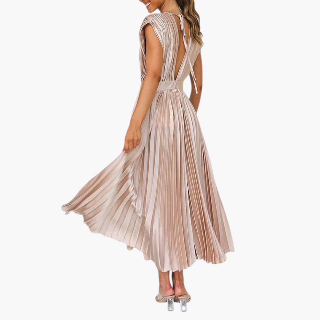 Vestido Midi Mujer Cuello en V Falda Plisada con Vuelo
