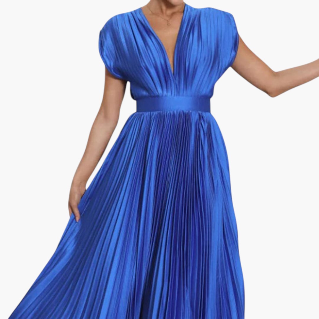 Vestido Midi Mujer Cuello en V Falda Plisada con Vuelo