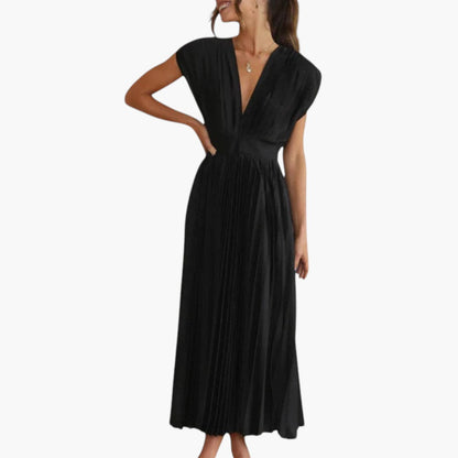 Vestido Midi Mujer Cuello en V Falda Plisada con Vuelo