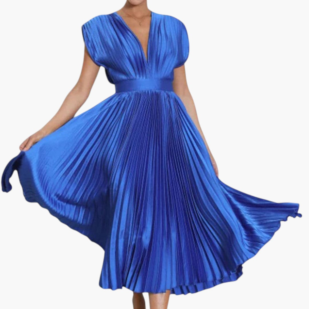 Vestido Midi Mujer Cuello en V Falda Plisada con Vuelo